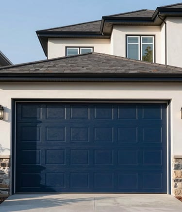 Photography of a high-quality, modern North American house featuring a sleek Dark Blue garage door. Bright morning sunlight highlights the architectural lines and the efficient, clean installation.