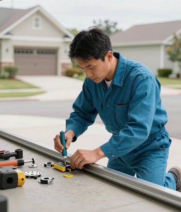 A professional technician in a clean Teal Blue uniform efficiently repairing a garage door track in a bright North American suburban garage. Modern tools and high-quality parts are visible, conveying expertise and reliability.