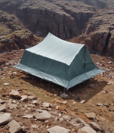 Soldiers setting up a TarpGuard tarp in a dusty desert camp.