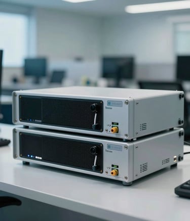 A close-up shot of professional high-tech telecommunications equipment on a sleek desk, soft focus on a busy but organized Brazilian office background with light blue-grey and muted blue tones, high-end commercial photography.
