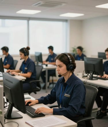 A wide shot of a professional Brazilian office with tele-operators in dark blue uniforms working at organized stations, soft daylight, very modern and efficient atmosphere.