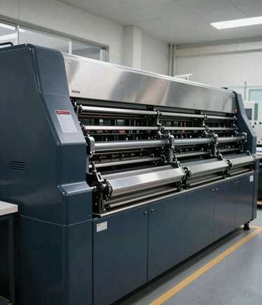 A wide-angle photograph of a multi-unit offset printing press in a clean, professional facility. The machine features metallic dark navy and slate blue panels, reflecting soft lighting. The environment is orderly and corporate.
