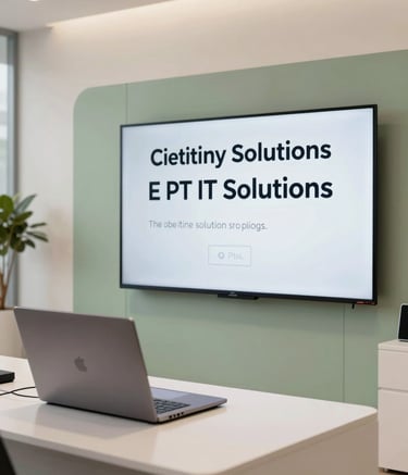 A modern, bright showroom displaying cutting-edge IT solutions. A sleek laptop and a large smart interactive board are prominent, with soft sage green accents in the background decor and warm off-white lighting.