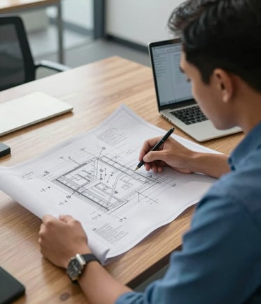 An over-the-shoulder shot of a Southeast Asian engineer in Indonesia reviewing technical blueprints on a wooden desk. Crisp Parchment and YInMn Blue office interior, professional and modern atmosphere, soft morning light.