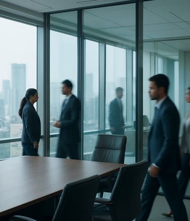 A high-end corporate office in Mumbai with glass walls and views of the skyline. South Asian / Indian professionals are seen in a blur in the background, conveying a sense of bustling, high-standard business activity. The lighting is soft and natural, with a palette featuring Muted Blue and Off-White.