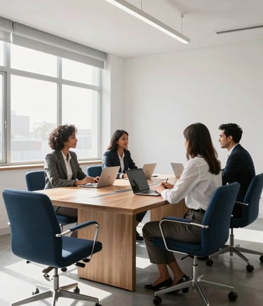 A clean, modern South African boardroom setting with white walls and dark blue chairs. Sunlight streams through large windows, illuminating a collaborative professional workspace.
