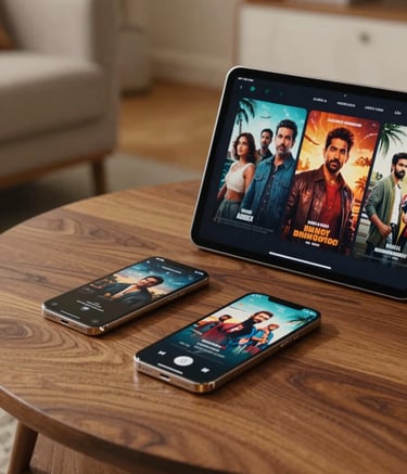 A high-end smartphone and tablet lying on a polished teak wood coffee table in a modern Global / Indian-influenced apartment. The screens display vibrant movie posters from Indian cinema. The lighting is warm and cinematic, suggesting a premium home entertainment experience.