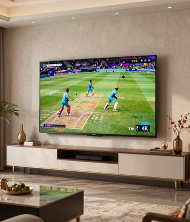 A sophisticated living room with a massive 4K Smart TV mounted on a textured wall. The TV shows a live cricket match with vibrant colors. The decor is Global / Indian-influenced with luxury textiles and clean lines, illuminated by soft evening light.