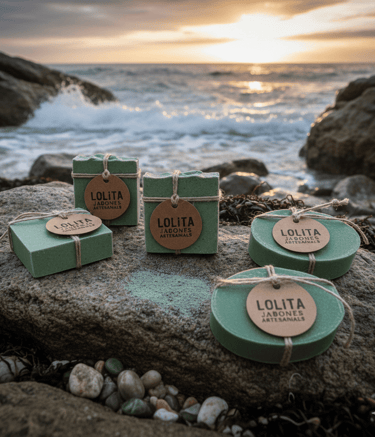 Barras de jabón artesanal verde hechas a mano sobre rocas en el océano al atardecer, con etiquetas d