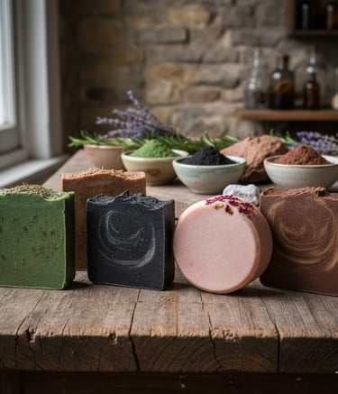 Barras de jabón orgánico hechas a mano con ingredientes naturales como lavanda y carbón sobre una me