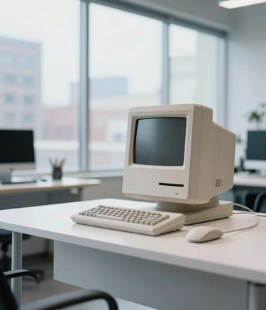 A bright, modern open studio space in Minneapolis, North American / US style. A vintage Macintosh computer sits on a minimalist white desk, blending 1980s tech with contemporary design. Large windows let in soft daylight. The aesthetic is sleek and professional, featuring a palette of Off-White and Light Grey-Blue.