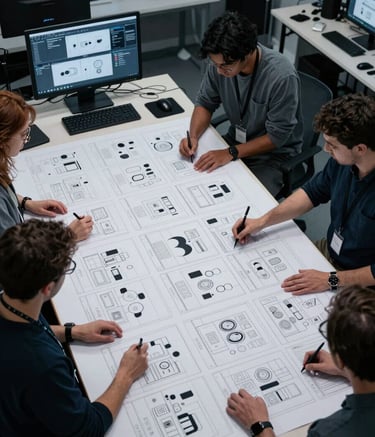 A high-angle shot of a collaborative professional workshop in a North American / US studio. People are working on large physical storyboards and sleek digital decks. The atmosphere is energetic and innovative, lit with cool Muted Blue-Grey and Dark Navy tones.