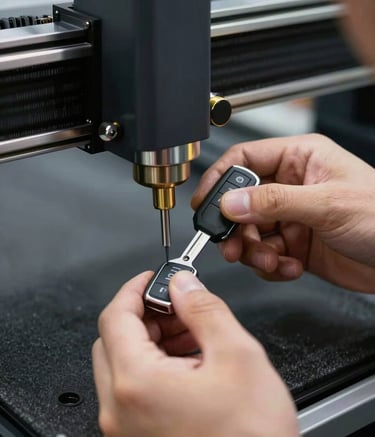 A close-up, high-detail shot of a professional technician's hands using a precision laser-cutting machine to create a modern car key. The lighting is focused and clean, reflecting off metallic surfaces. Colors lean into deep blacks and soft gold highlights, matching the #1A1A1A and #A87C3D palette.