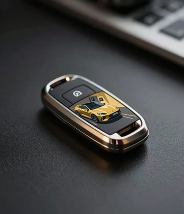 A sleek, modern luxury car key fob resting on a dark, reflective surface. The composition is professional and minimal, with a shallow depth of field. Soft golden light (#D4AF37) accents the texture of the key, projecting an image of high-quality automotive service.