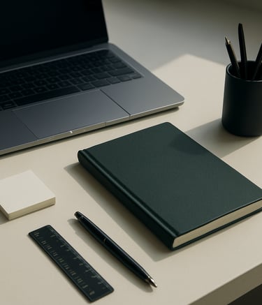 A close-up shot of a professional workspace featuring a high-end laptop, a dark slate green notebook, and organized stationery on a clean off-white desk, bathed in cool morning light.