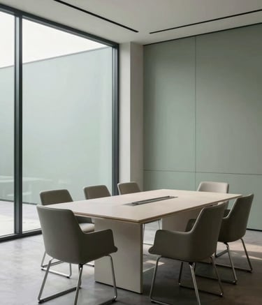 A professional minimalist meeting room with muted sage walls, large glass windows reflecting soft daylight, and a polished off-white conference table surrounded by sleek modern chairs.