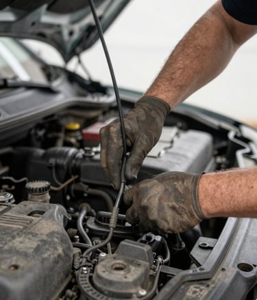 A skilled mechanic inspecting a car engine under bright garage lights.