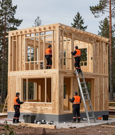 A dynamic photography shot of a modern timber frame house under construction in a Northern European / Finnish forest setting. Professionals wearing Dark Slate Black uniforms with Vibrant Safety Orange accents are working efficiently. Bright, natural daylight, professional atmosphere.