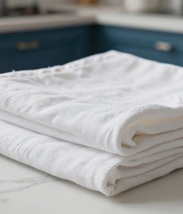Close-up macro photography of fresh, crisp white linens being expertly folded. Soft daylight from the Mediterranean coast catches the texture of the fabric. The background is a clean, modern workspace with subtle navy and aqua blue tones.