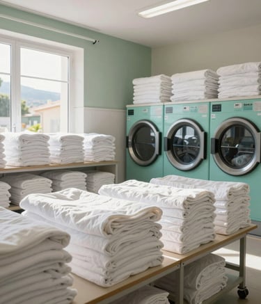 A high-end professional laundry interior in Porto-Vecchio, Southern Corsica. Bright natural sunlight illuminates rows of neatly stacked white organic cotton linens. The space is decorated with accents of sage green and teal blue, reflecting a modern, clean, and airy Mediterranean atmosphere.