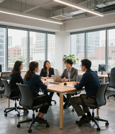 A wide-angle shot of a bright, contemporary open-plan office in a North American city. Professionals are engaged in active discussion around a light-colored wooden table with soft, natural lighting coming from large windows.