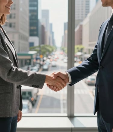 A professional greeting scene in a corporate North American setting. Two people in business casual attire shaking hands in front of a floor-to-ceiling window overlooking a bustling city street during a bright afternoon.