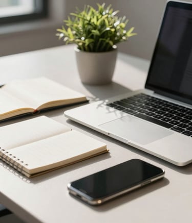 A close-up of a modern digital workspace in a sunlit North American office. A sleek laptop, a smartphone, and a minimalist notebook are arranged on a light gray desk, with a small emerald green plant in the background.