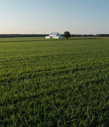 A high-resolution photography shot of a expansive North American farm in Huron County under a clear morning sky. The scene features lush green fields with a distant modern white farmhouse, reflecting a sense of agricultural heritage and professional growth. Soft, natural lighting emphasizes the medium green and dark green tones of the landscape.