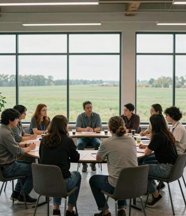 Photography of a modern agricultural collaboration in North American / Canadian rural setting. A group of people in smart-casual attire are engaged in a professional workshop inside a bright community hall with large windows showing a pale green field outside. The mood is community-focused and forward-thinking.
