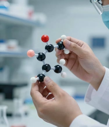 A close-up shot of a professional chemist's hands carefully holding a 3D molecular model. The background is a clean, modern laboratory with subtle hints of #3D6B7A and #8BAAB7 equipment. The lighting is bright and precise, conveying authority and clarity.