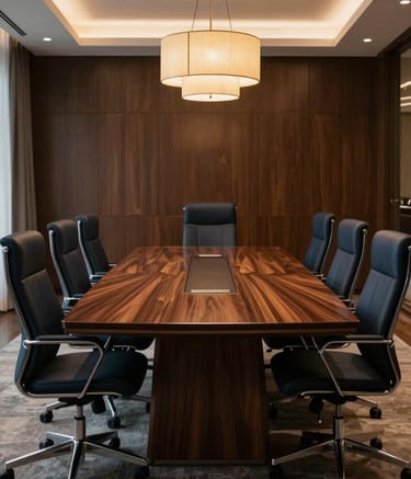 A sophisticated high-end boardroom featuring a polished dark wood table and dark navy ergonomic chairs. The lighting is warm and cinematic, reflecting soft golden tones from a modern chandelier, creating an atmosphere of professional excellence.