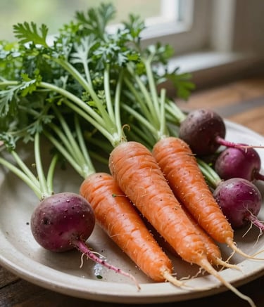 A rustic, close-up shot of a farm-to-table vegetable platter. Includes heirloom carrots and radishes on a Crisp Parchment ceramic plate. Natural, soft window lighting highlights the textures. Matte Forest Green herb garnishes contrast with the earthy tones.