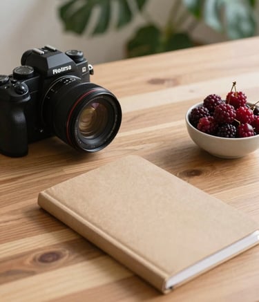 A high-angle professional photography shot of a content creator's desk. Features a high-end camera, a Crisp Parchment colored notebook, and a bowl of Deep Ripe Crimson berries. The background shows a soft-focus Scandinavian-style wooden interior with Matte Forest Green plants.