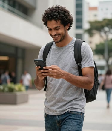 Candid photography of a South American / Brazilian man looking at his phone with a smile while walking in a modern urban plaza. The background is blurred, focusing on the human connection with technology and social influence. Professional lighting.