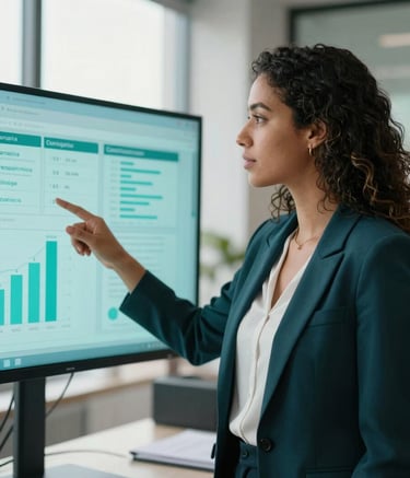 Photography of a young South American / Brazilian professional woman confidently presenting strategies in a modern, sunlit office. She is pointing at a screen showing social media engagement metrics. The style is authoritative and clean, with a palette of dark teal and light teal.