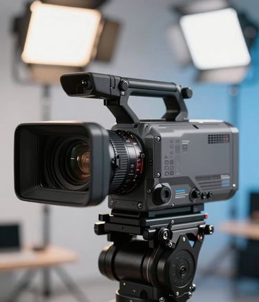 A close-up photograph of a professional digital broadcast camera in a studio, with blurred soft off-white and steel blue lights in the background. The scene is clean, modern, and high-tech.