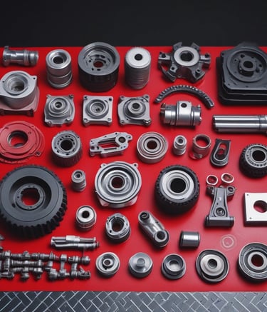 Small engine parts laid out on a black and red checkerplate surface with a flame decal.