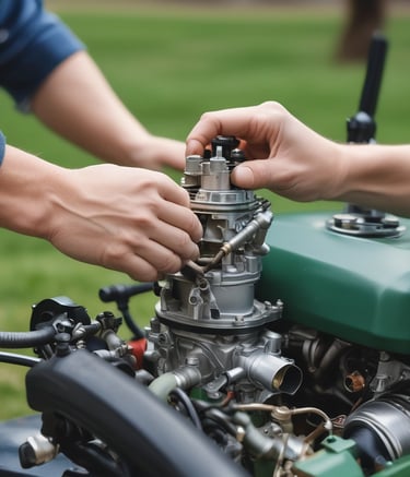 Close-up of a mechanic’s hands adjusting a small engine gear with flames and checkerplate background.
