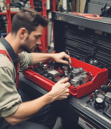 Technician repairing a small engine with red flames painted on the toolbox nearby.
