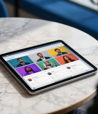 A professional, medium shot of a tablet resting on a marble table in a Middle Eastern business setting. The tablet screen shows a colorful social media marketing dashboard. The lighting is bright and airy, with royal blue accents in the background.