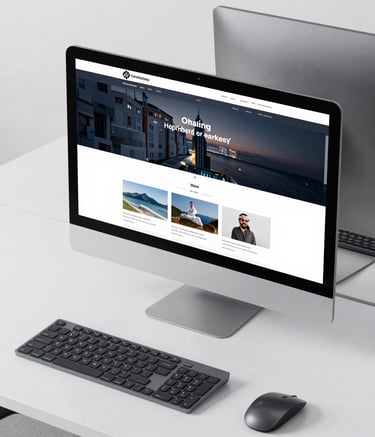 A sharp, high-angle photograph of a modern tech workstation in a clean Middle Eastern office. A large desktop monitor displays a sophisticated, modern website design. The lighting is crisp, and the setting features premium dark grey and white materials.