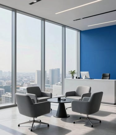 A high-end, eye-level photograph of a sleek, minimalist business lounge in a Middle Eastern business hub. Soft morning light enters through floor-to-ceiling windows. The scene is dominated by a palette of soft grey and royal blue, conveying premium professional standards.