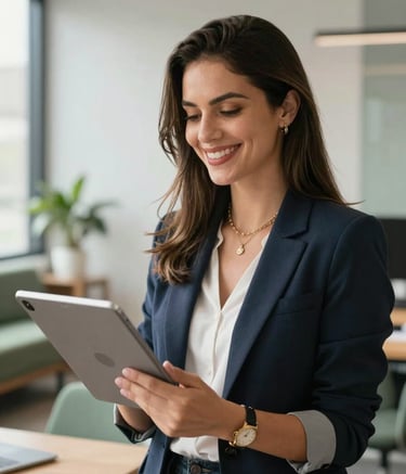 A close-up photograph of a professional Brazilian educator in a modern, sunlit office in São Paulo, holding a digital tablet and smiling warmly. The setting is professional and inviting, featuring minimalist furniture with sage green accents and a bright, airy atmosphere.