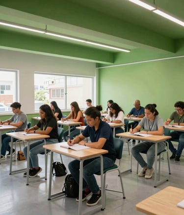 Photography of a modern learning space in a South American city. A diverse group of adult students is engaged in a workshop, with a clean, leaf green and light gray color palette. The composition is wide, showing a bright, professional environment with natural lighting.