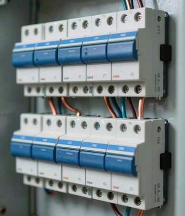 Close-up of a perfectly organized commercial electrical breaker board. The ocean blue components and copper wiring are neatly channeled against a light gray background, showcasing precision and efficiency.