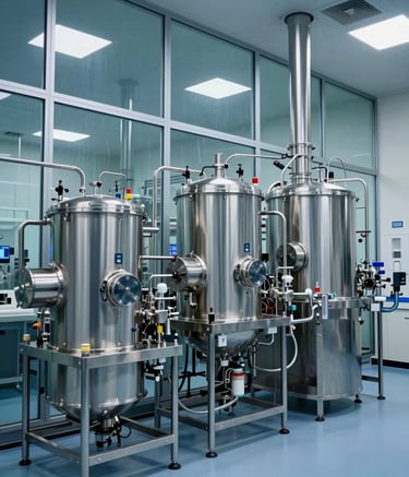 A wide-angle shot of a state-of-the-art Canadian pharmaceutical facility with stainless steel equipment and glass walls, reflecting high standards and precision, cool blue and slate tones.