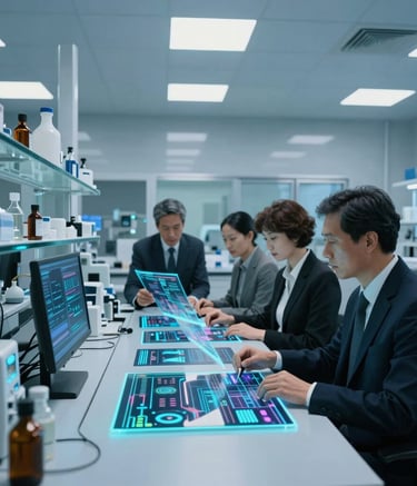 A high-tech laboratory setting with sleek glass workstations and soft blue ambient lighting, a professional team in business attire analyzing holographic data projections on a clean surface, International / Business setting, wide angle photography.