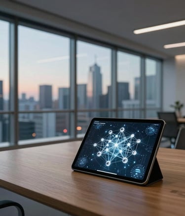 A modern minimalist office interior with floor-to-ceiling windows overlooking a global metropolis at dusk, sharp focus on a wooden desk with a tablet displaying complex network nodes in light blue and silver tones, International / Business, cinematic lighting.