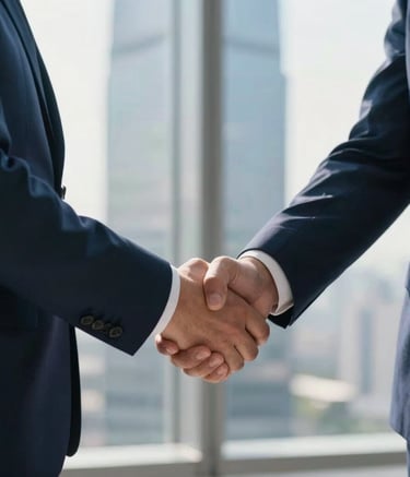 Close-up of a professional in a navy blue suit shaking hands with a partner in a high-rise executive suite, soft morning sunlight filtering through glass, deep blue and silver tones, International / Business, shallow depth of field.