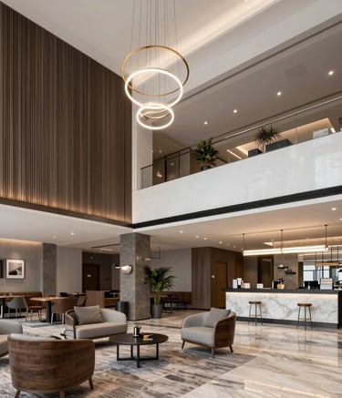 Before and after shots of a renovated city hotel showing modern upgrades and lively atmosphere.